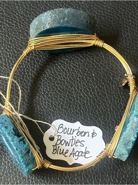 Bourbon and Bowties Teal-Blue Agate Wire-Wrapped Gold Tone Bracelet